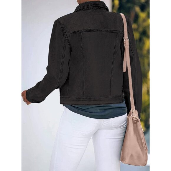 Women's Button Down Stretch Fitted Long Sleeves Denim Jean Jacket Vintage Black - Picture 4 of 9